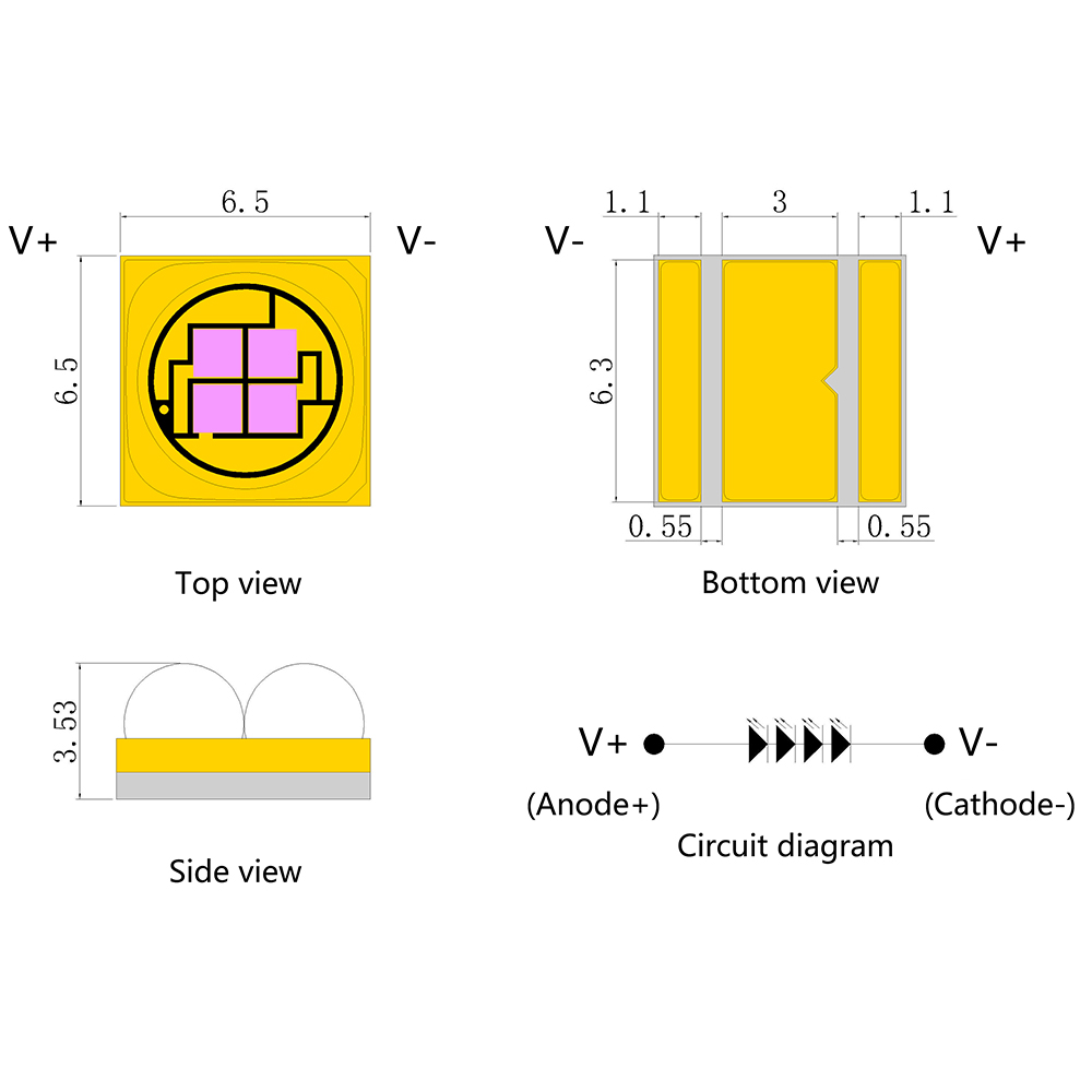 Мощный керамический источник света УФ-отверждения 6565, 30 градусов/60 градусов, 365-410 нм